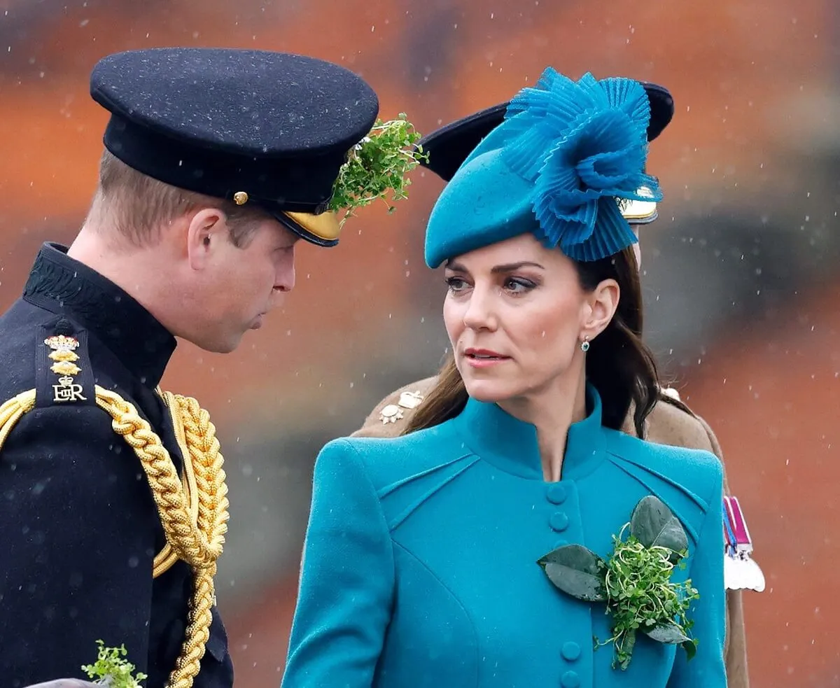 Kate Middleton (in her role as Colonel of the Irish Guards) attend the St. Patrick's Day Parade with Prince William in Aldershot, England