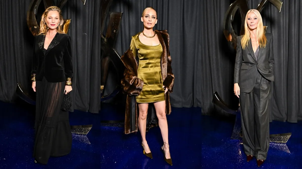 Wearing their Saint Laurent best, Kate Moss, Nicole Richie, and Gwyneth Paltrow pose in front of a Yves Saint Laurent metal sign