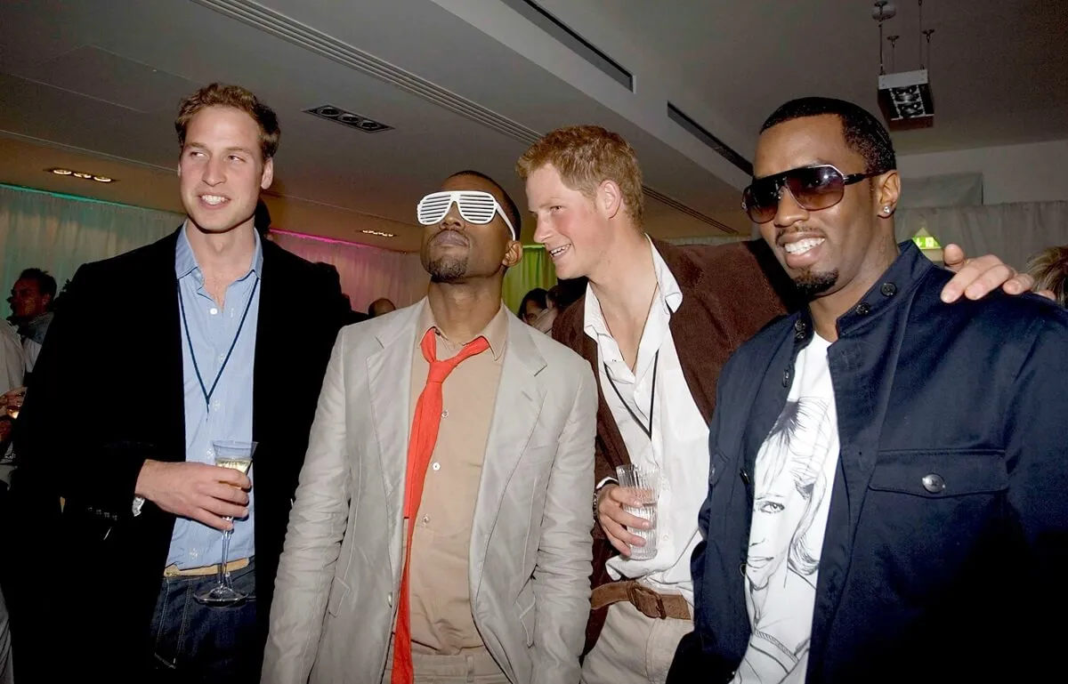 (L-R) Prince William, Kanye West, Prince Harry, and Sean 'Diddy' Combs during the Concert for Diana afterparty at Wembley Stadium