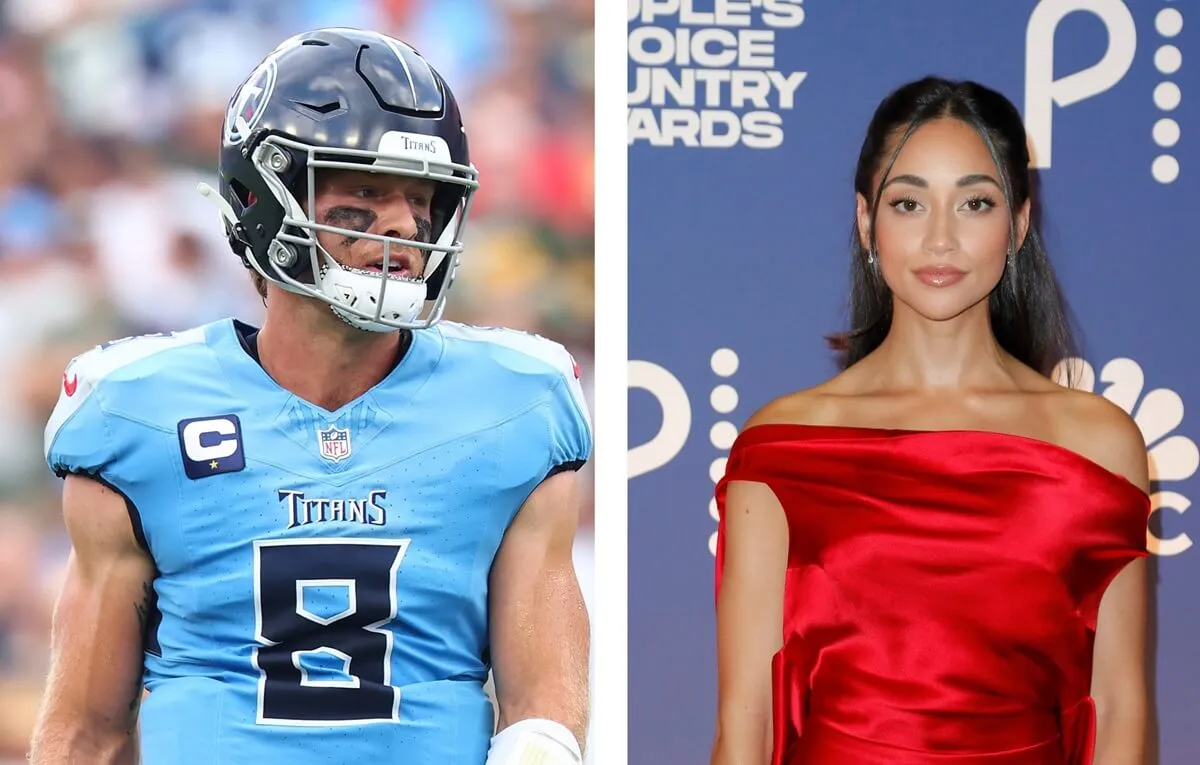 (L) Tennessee Titans quarterback Will Levis on the field, (R) Reality TV star Victoria Fuller at People's Choice Country Awards