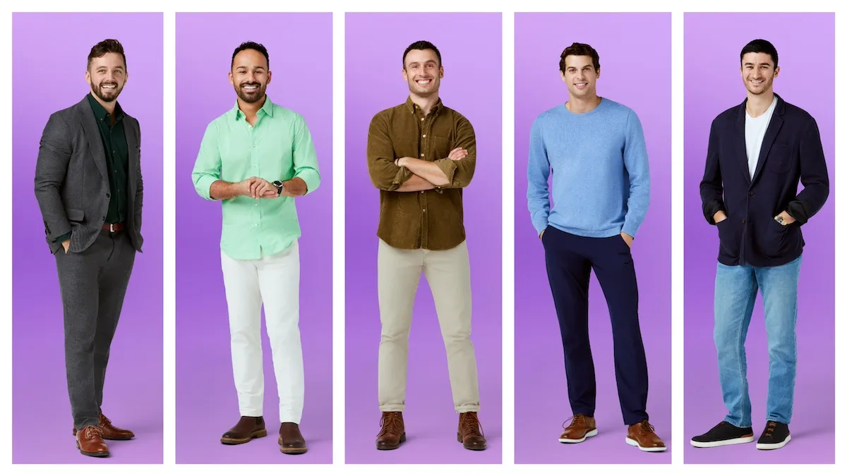 Five male 'Love Is Blind' Season 7 cast members on a purple background