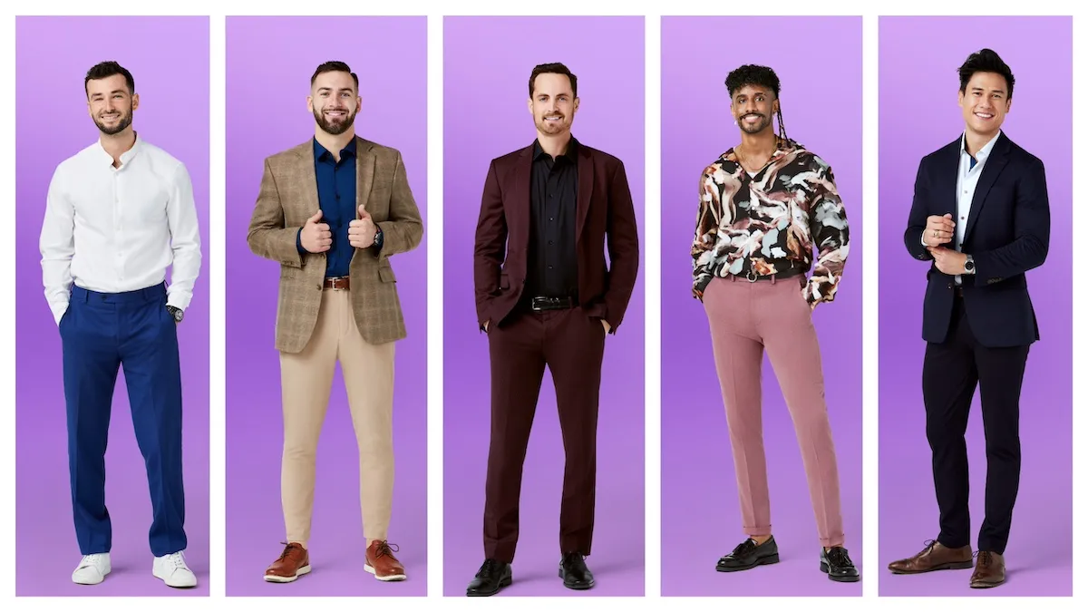 Five male 'Love Is Blind' Season 7 cast members on a purple background