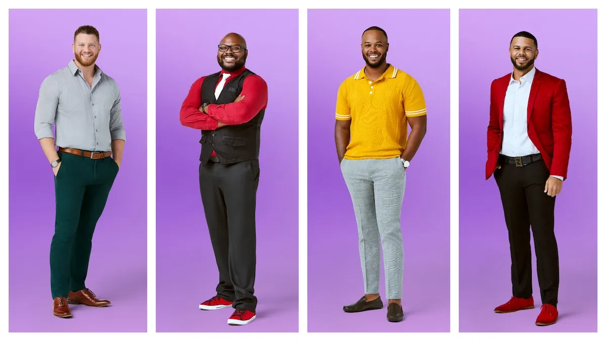 Four male 'Love Is Blind' Season 7 cast members on a purple background