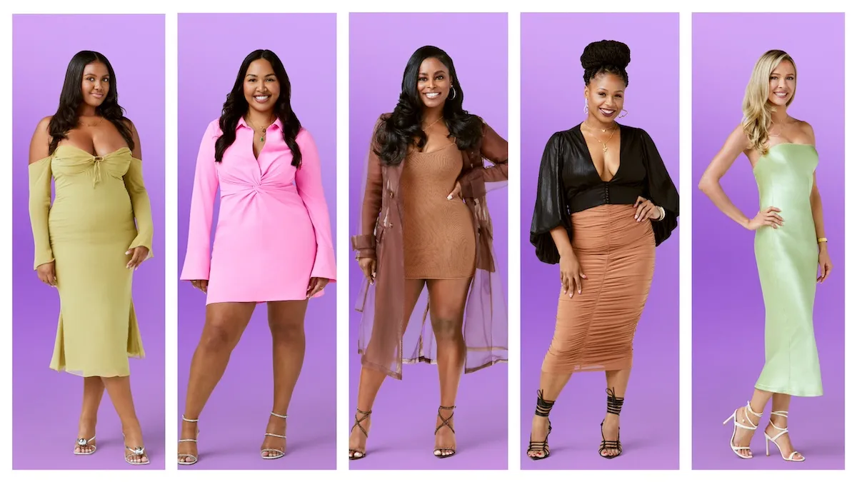 Five female 'Love Is Blind' Season 7 cast members on a purple background