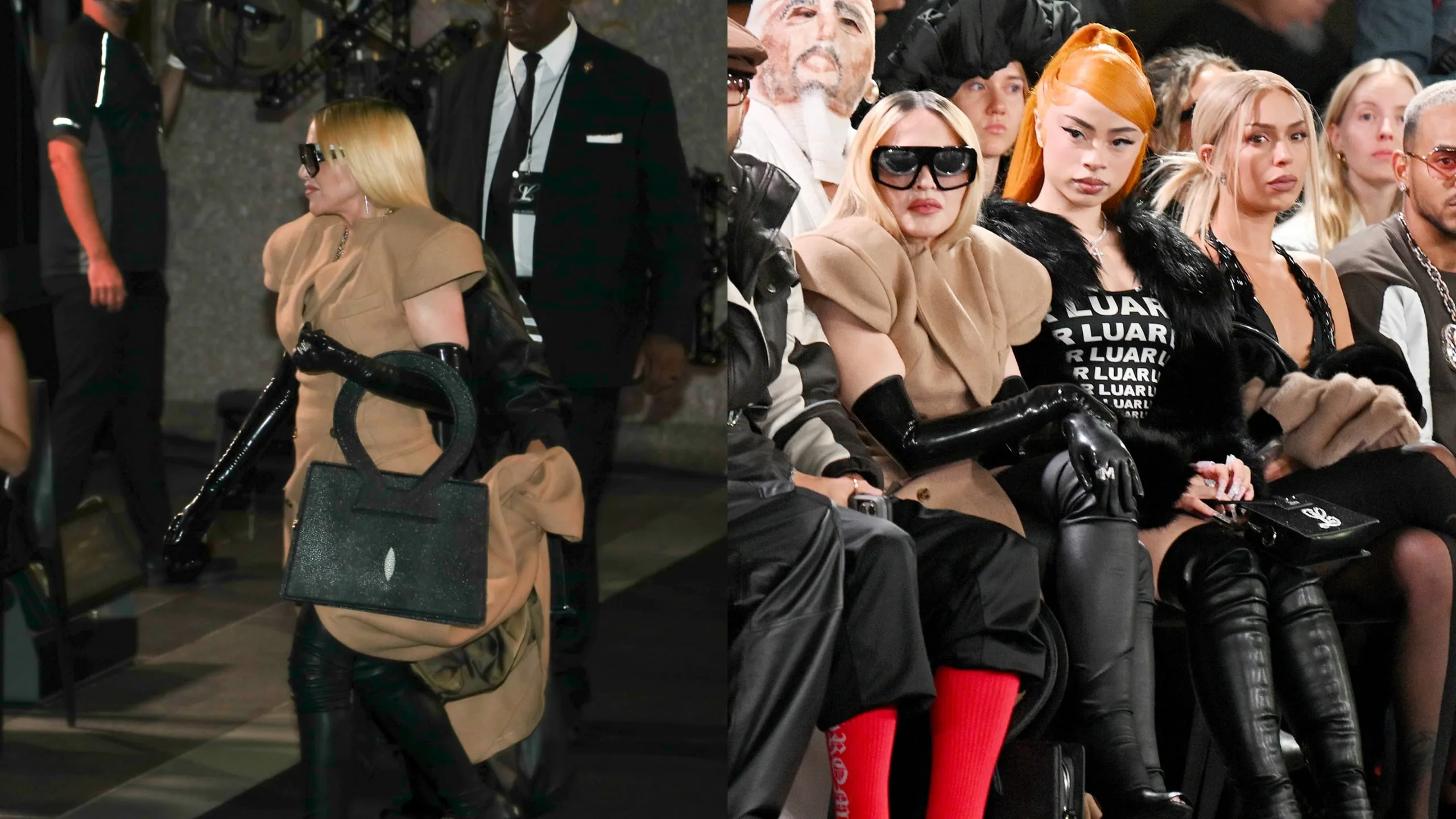 Wearing a camel coat and black leather boots, Madonna enters the Luar Fashion show during New York Fashion Week