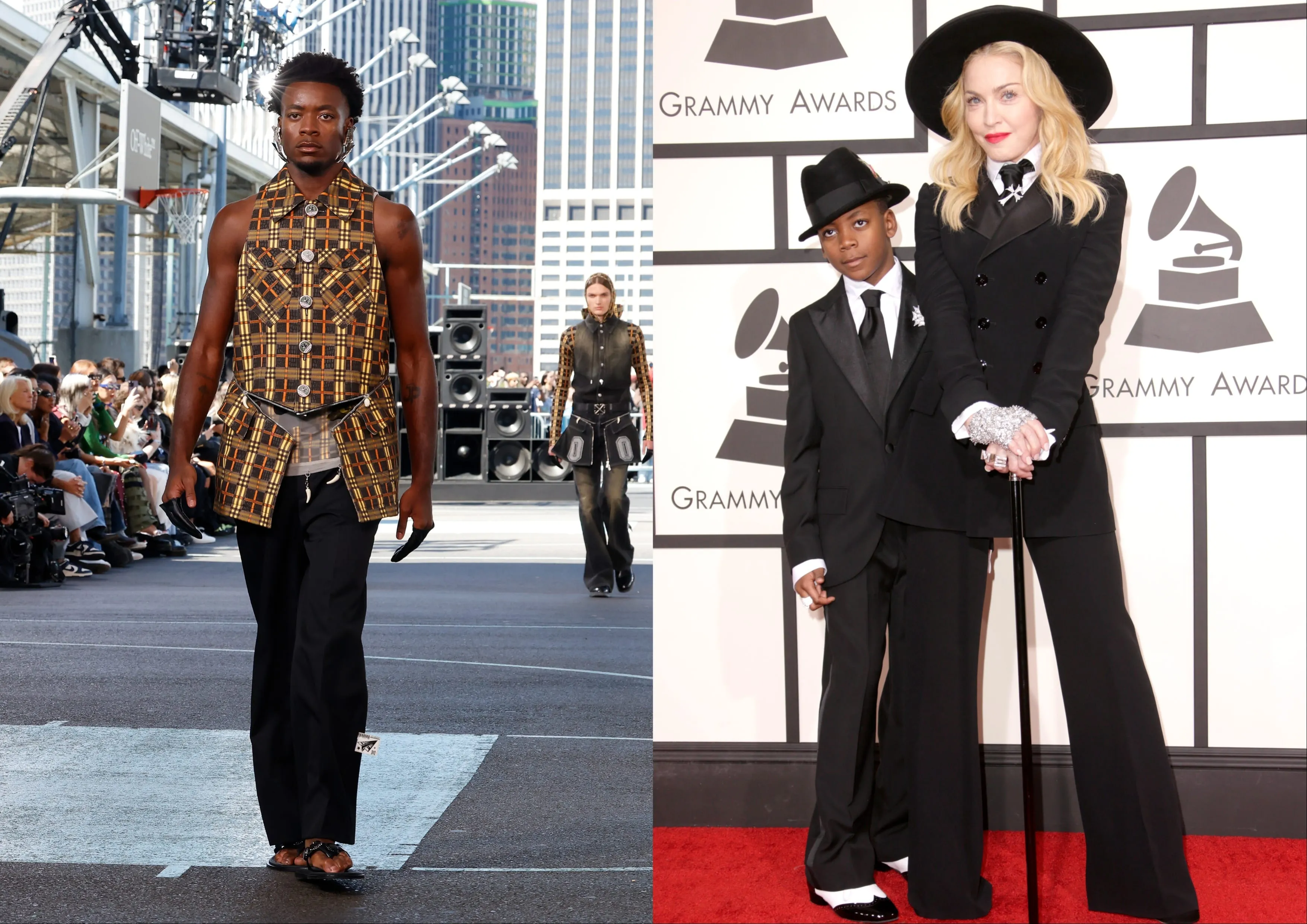 A photo of Madonna's son David Banda walking the Off-White runway next to a photo of David and Madonna on the Grammys red carpet in 2014