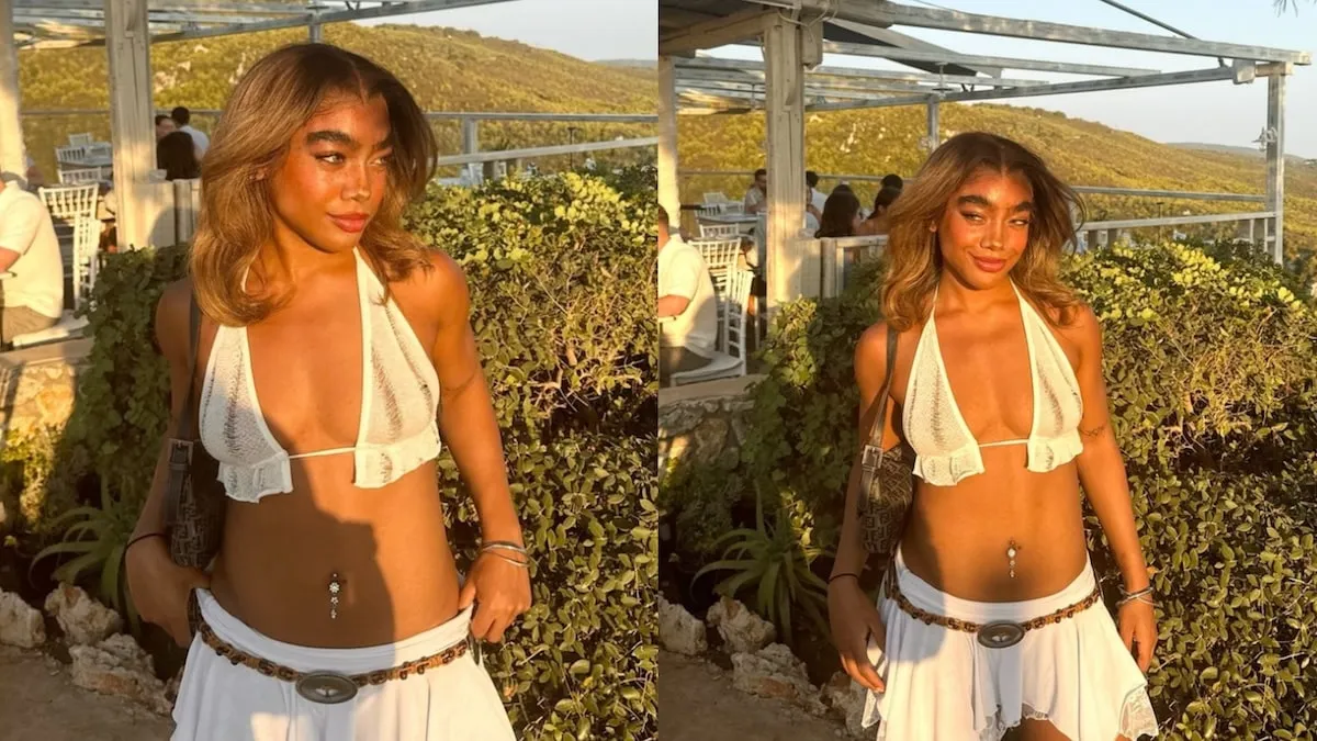 Two photos of Marii King in a white bikini standing next to an open-air restaurant