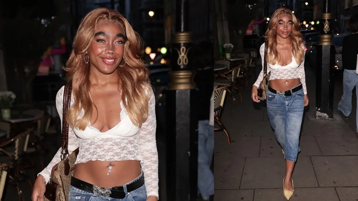 Influencer Marii King wears a white lace top and denim pants to a special dinner in London