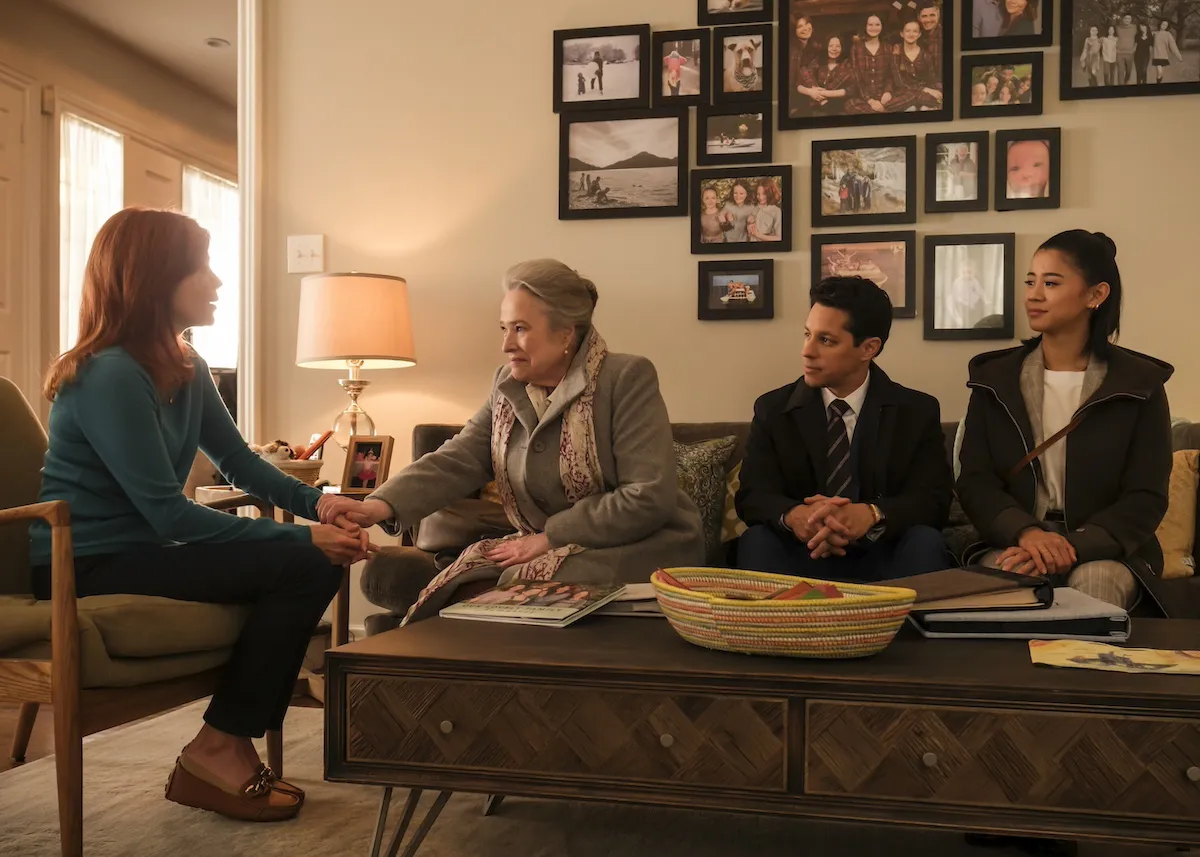 Three people sitting on a couch talking to a woman in 'Matlock' on CBS