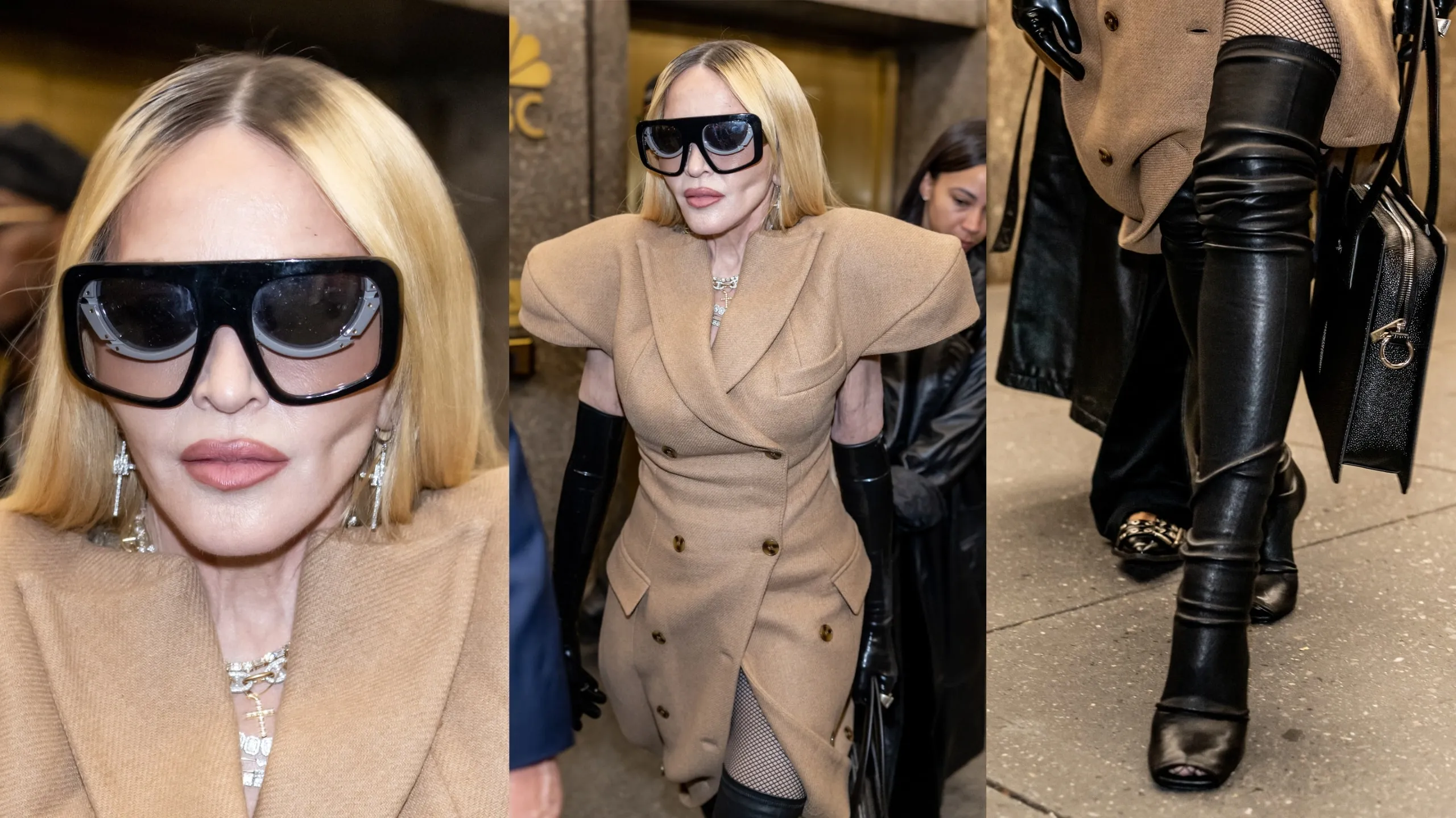 Wearing a camel coat and black leather boots, Madonna leaves Luar Fashion show during New York Fashion Week