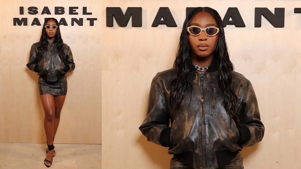 Wearing a leather jacket and mini skirt, Normani poses for photos before the Isabel Marant fashion show at Paris Fashion Week 2024