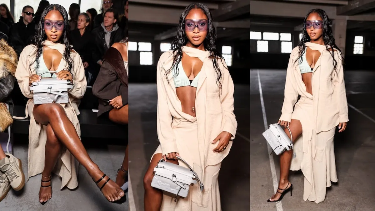 Wearing a beige jacket and skirt, Normani poses for photos before the Ottolinger fashion show at Paris Fashion Week 2024