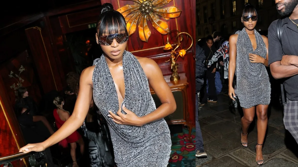 Wearing a silver sequined dress, Normani poses for photos before the Bronx And Banco Cocktail Party at Paris Fashion Week 2024