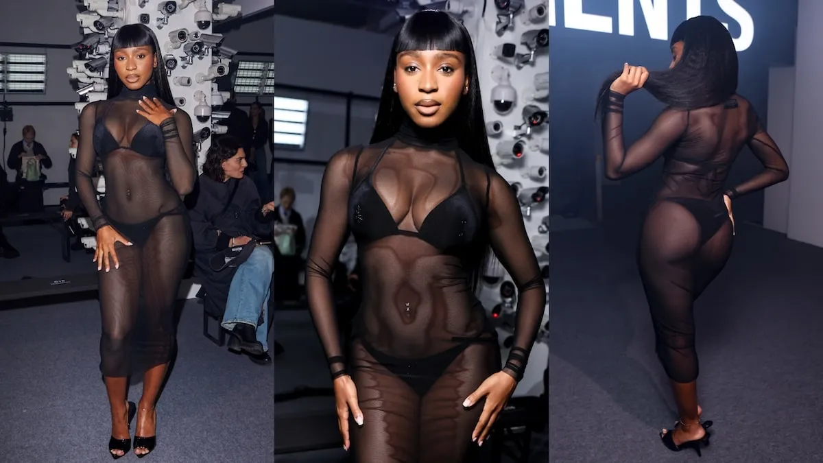 Wearing a sheer black mesh dress, Normani poses for photos before the Vetements fashion show at Paris Fashion Week 2024