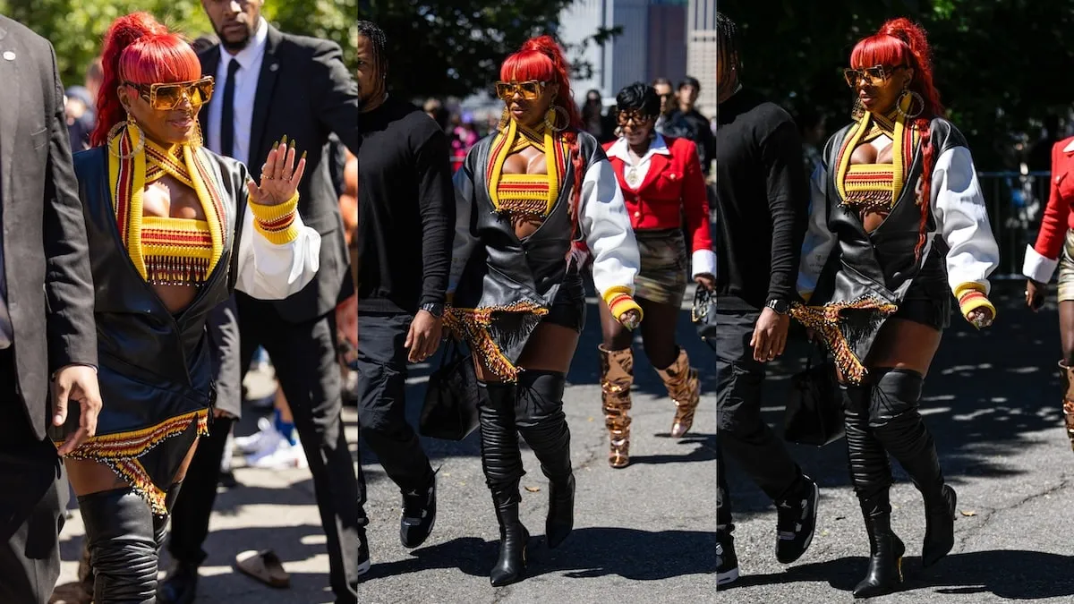 Wearing a leather mini dress, Mary J. Blige enters the Off-White fashion show during New York Fashion Week on September 08, 2024