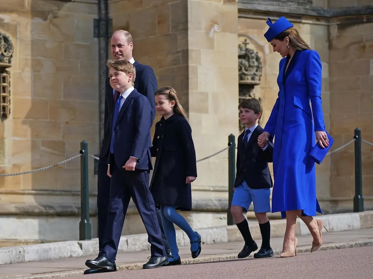 Prince George, Prince William, Princess Charlotte, Prince Louis, and Kate Middleton attend the Easter Mattins Service at Windsor Castle