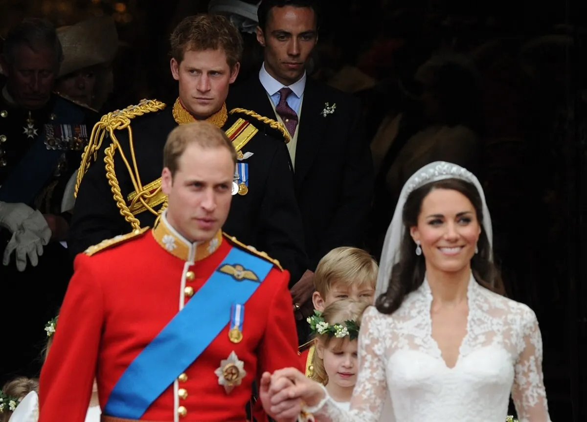 Prince Harry leaving Westminster Abbey along with his brother, Prince William, and Kate Middleton following their wedding