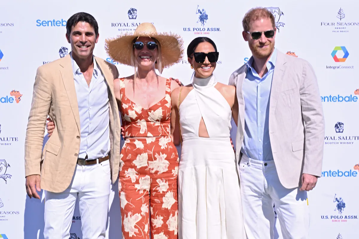 Prince Harry, who reportedly doesn't appear much in Netflix's 'Polo' docuseries, with Nacho Figueras, Delfina Blaquier, and Meghan Markle at a 2024 polo match.