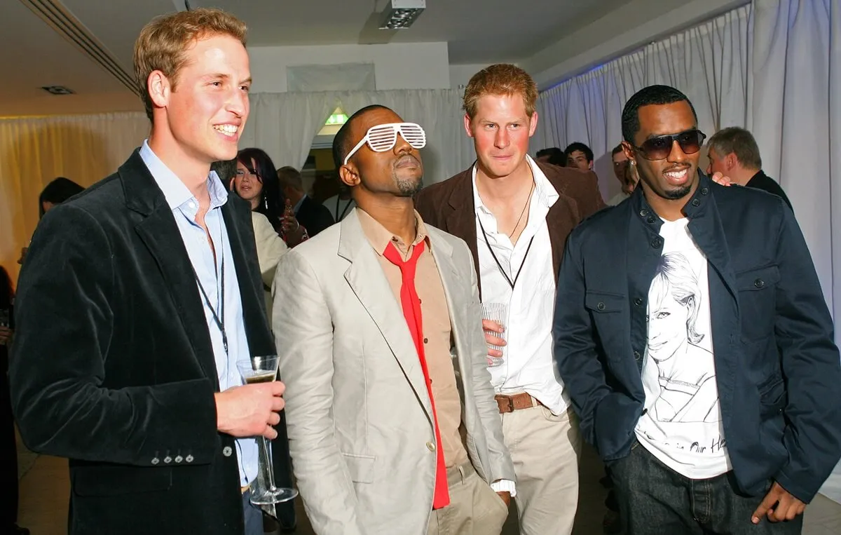 Prince William, Kanye West, Prince Harry, and Sean 'Diddy' Combs pose for photos during a backstage party at Wembley