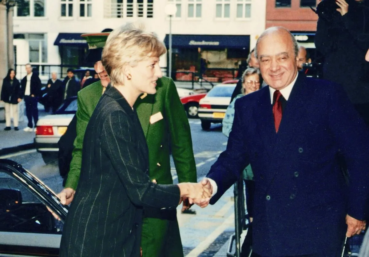 Princess Diana arriving for a Harrods for a breakfast reception with Mohamed Al Fayed