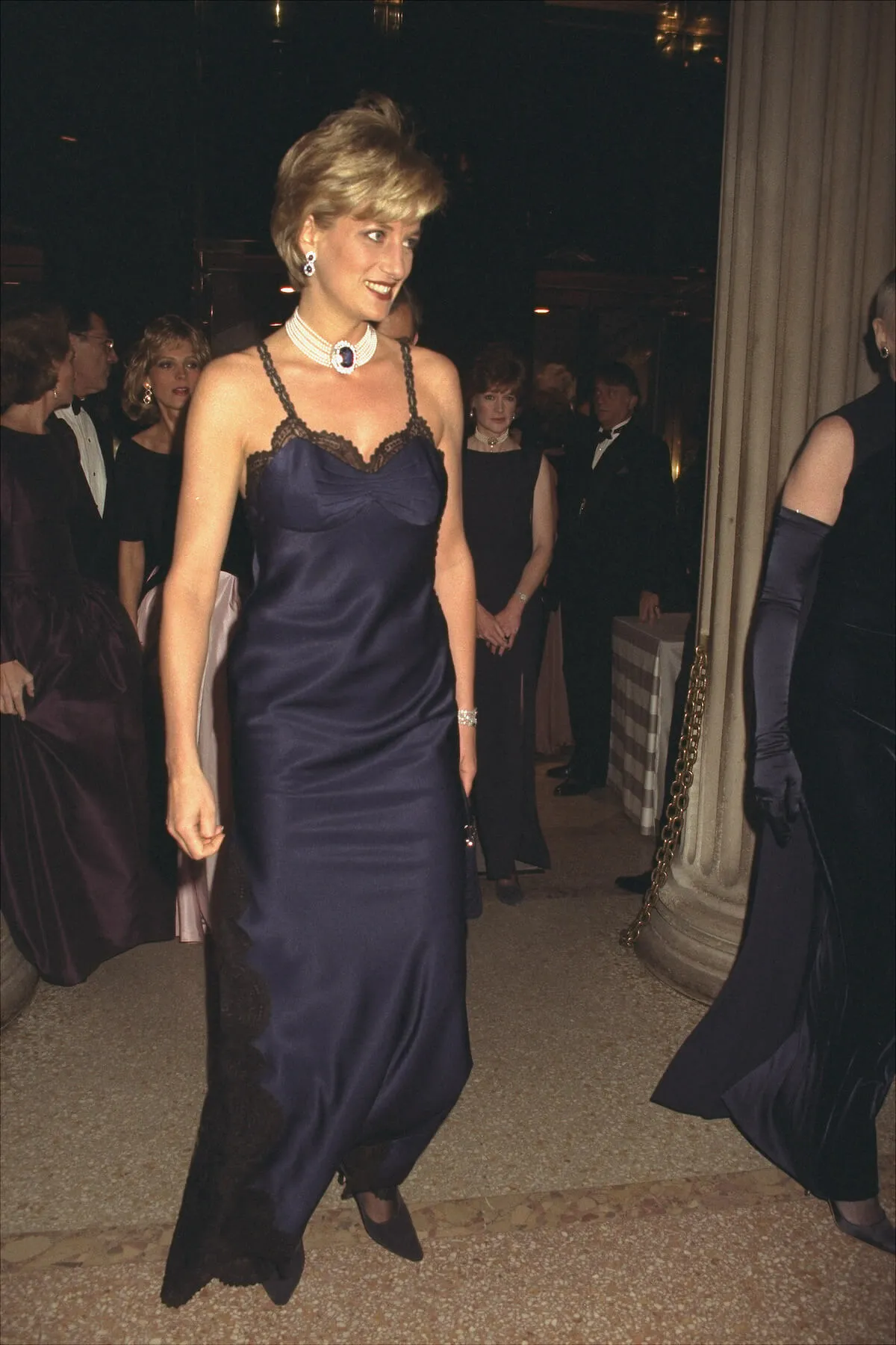 Princess Diana wears a blue Christian Dior dress to the Met Gala, which she took the corset out of, in 1996.