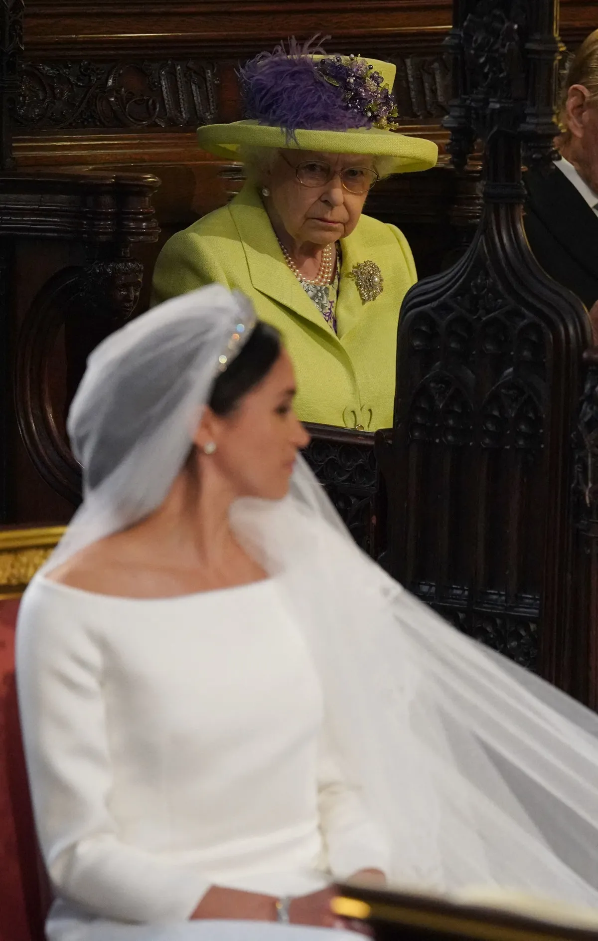 Queen Elizabeth II seated inside the chapel for the wedding ceremony of Prince Harry and Meghan Markle