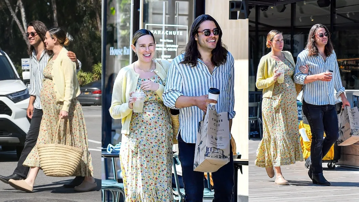 Wearing a yellow dress with a visibly pregnant belly, Rumer Willis and Derek Richard Thomas are seen shopping at Erewhon Market