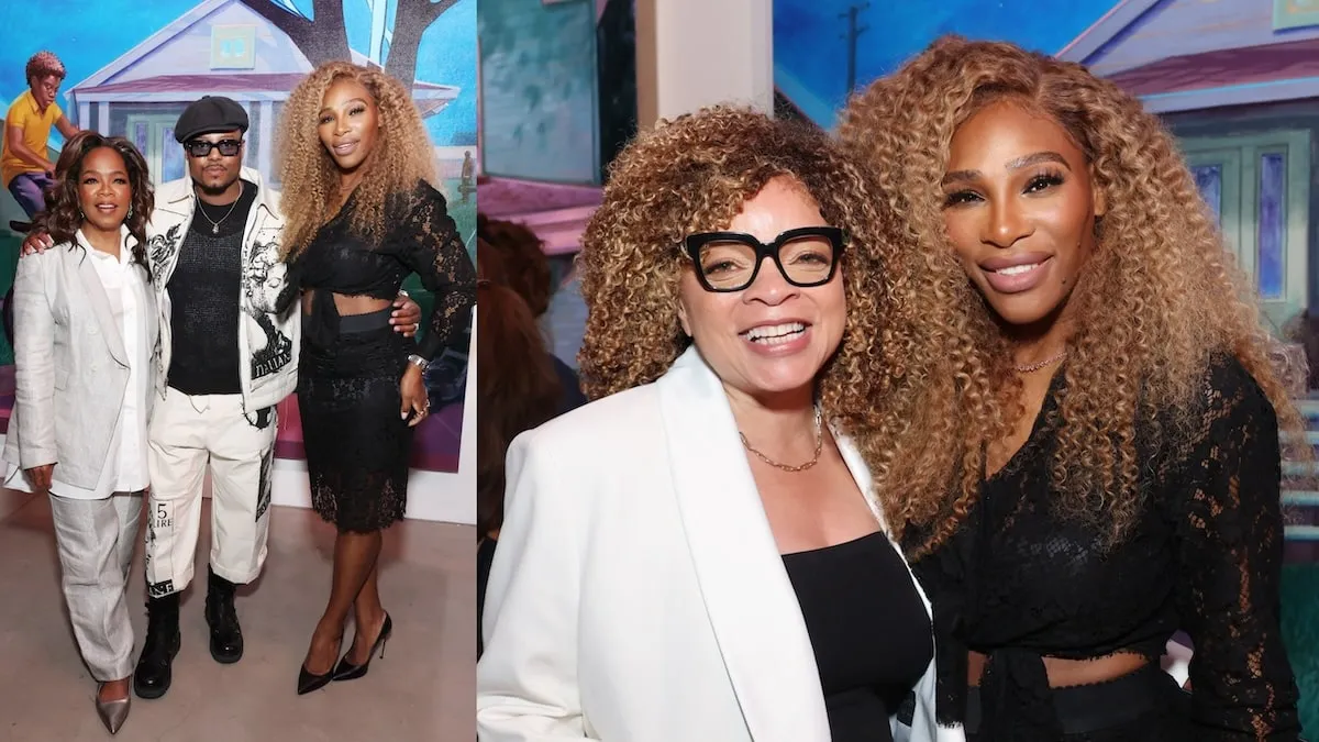 Wearing a black lace top and skirt, Serena Williams poses with Oprah Winfrey, Titus Kaphar, and Ruth E. Carter at a media event