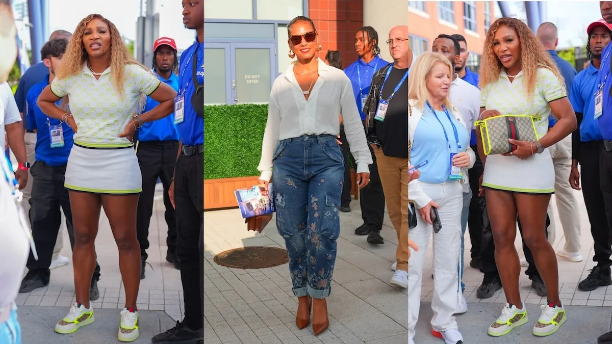 Alicia Keys and Serena Williams walk with a crowd outside of Flushing Meadows at the U.S. Open