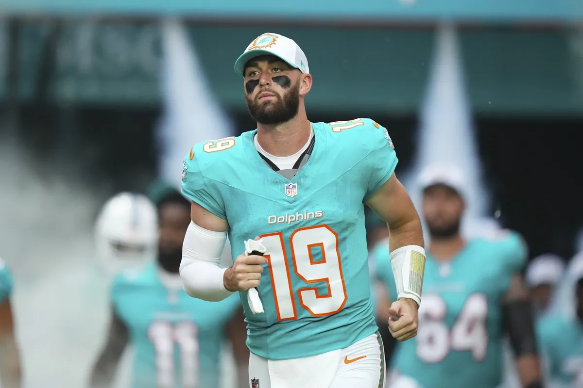 Skylar Thompson of the Miami Dolphins on the field prior to a preseason game against the Atlanta Falcons