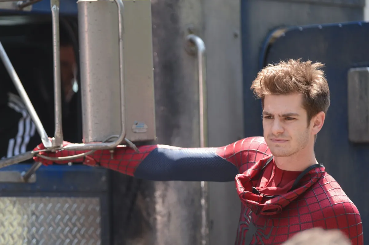 Andrew Garfield spotted on the set of 'The Amazing Spider-Man 2' dressed as Spider-Man.