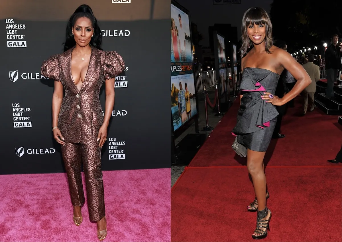 A photo of Tasha Smith wearing a jumpsuit dress in 2024 next to a photo of Smith in a black dress in 2009