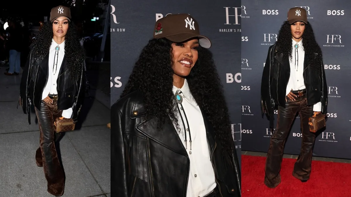 Three photos of Teyana Taylor wearing a leather jacket and pants