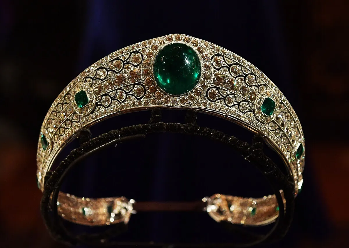 The Greville Emerald Kokoshnik tiara Princess Eugenie wore the day she married Jack Brooksbank on display at Windsor Castle