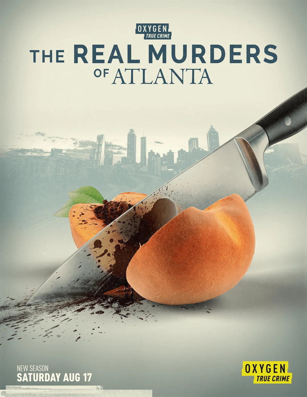 Image of a knife cutting into a peach on key art for Oxygen True Crime series 'The Real Murders of Atlanta'