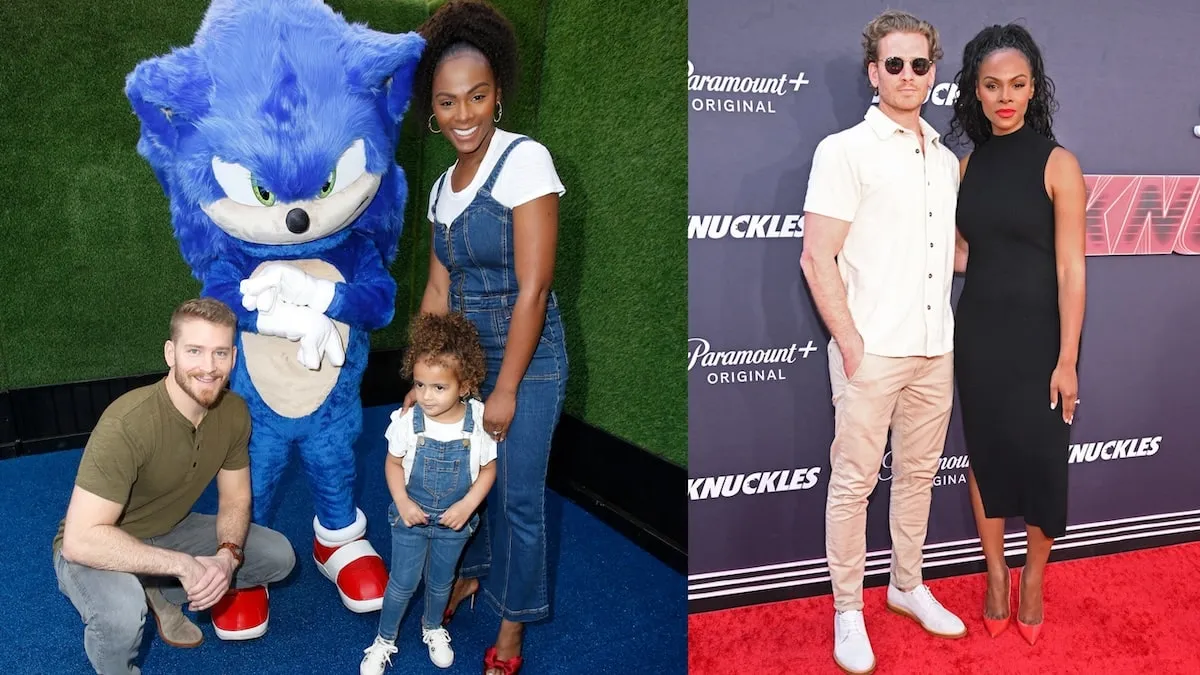 Nicholas James and Tika Sumpter pose with their daughter Ella-Loren at a Sonic the Hedgehog event