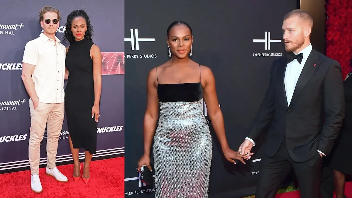 Wearing formal eveningwear, Tika Sumpter and Nicholas James pose together on the red carpet