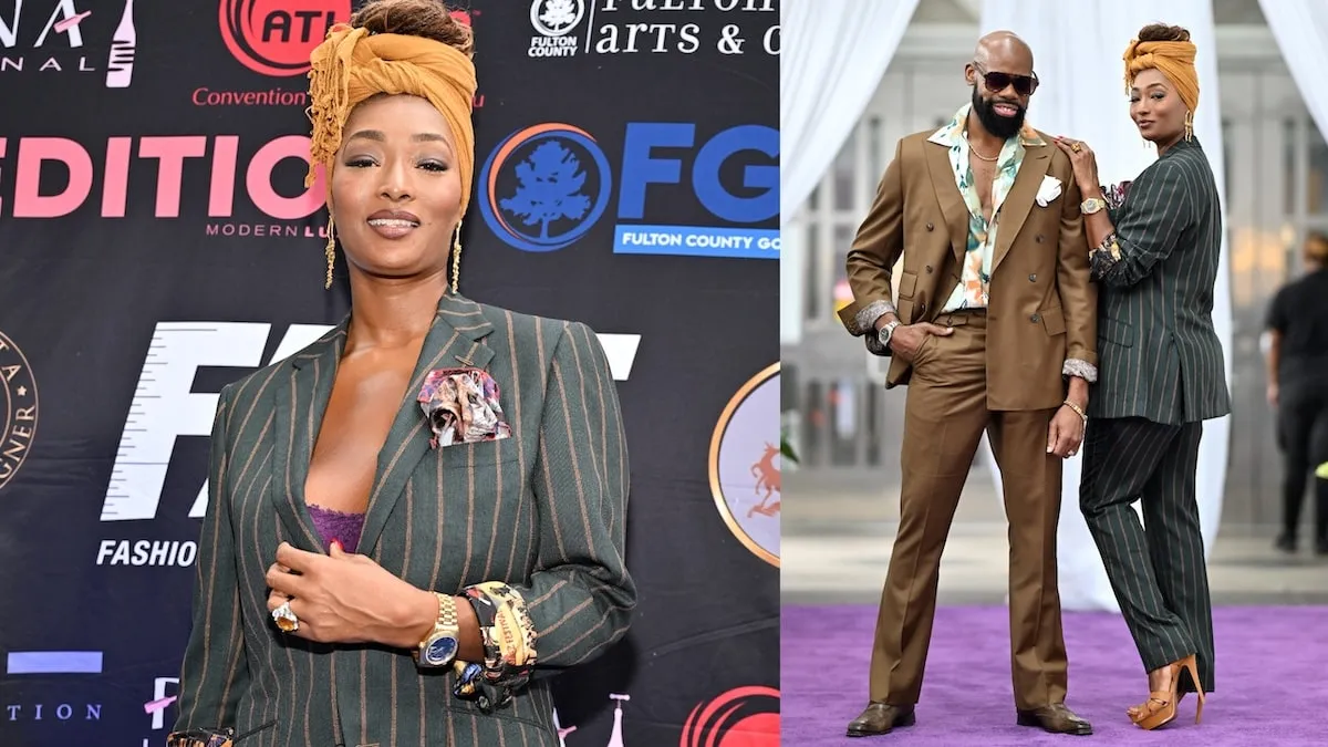 Wearing a gray suit, Toccara Jones and Derek Blanks, wearing a brown suit, stand together before hosting a special charity event in Atlanta