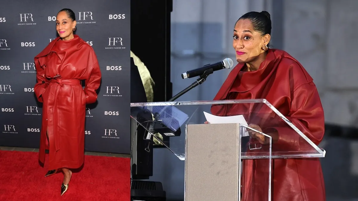 Wearing a red leather outfit, Tracee Ellis Ross speaks during the Fashion Show & Style Awards in Harlem