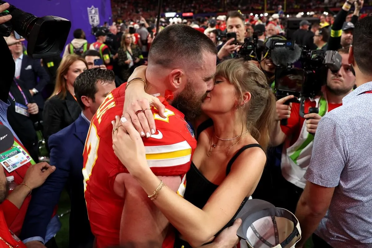 Travis Kelce and Taylor Swift embrace after Super Bowl LVIII