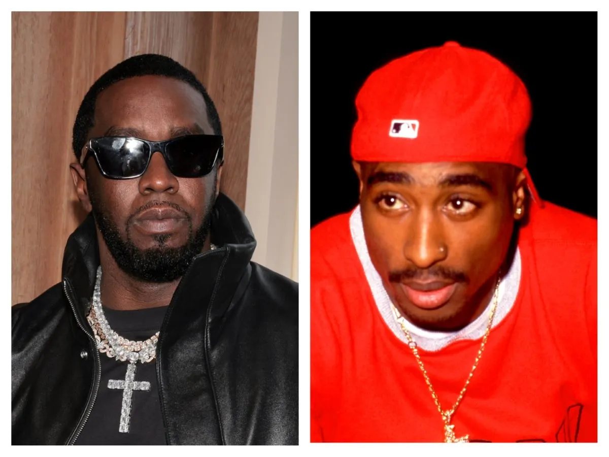 Diddy wears a black jacket, sunglasses, and a cross necklace. Tupac wears a red shirt and red backwards hat.