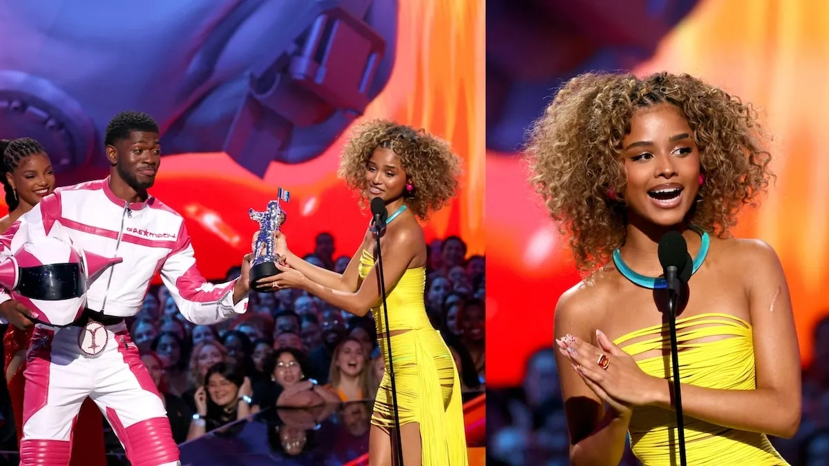 Wearing a bright yellow gown, Tyla gives a speech after winning Best Afrobeats at the 2024 MTV Video Music Awards