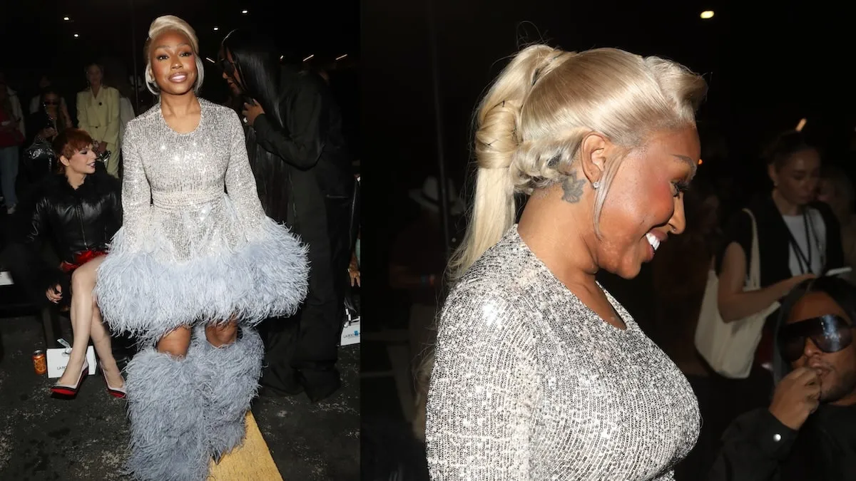 Wearing a silver sequin dress and platinum blonde hair, Yung Miami poses for photos at the Christian Cowan S/S25 Runway Show