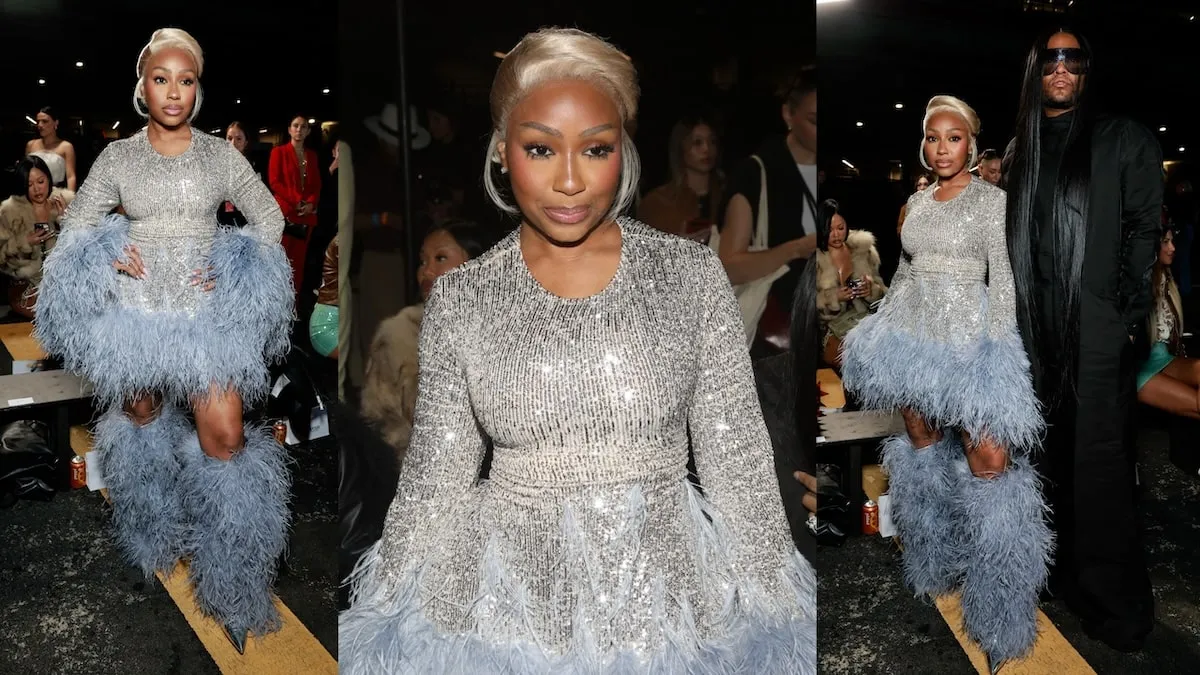 Wearing a silver sequin dress and platinum blonde hair, Yung Miami poses for photos at the Christian Cowan S/S25 Runway Show