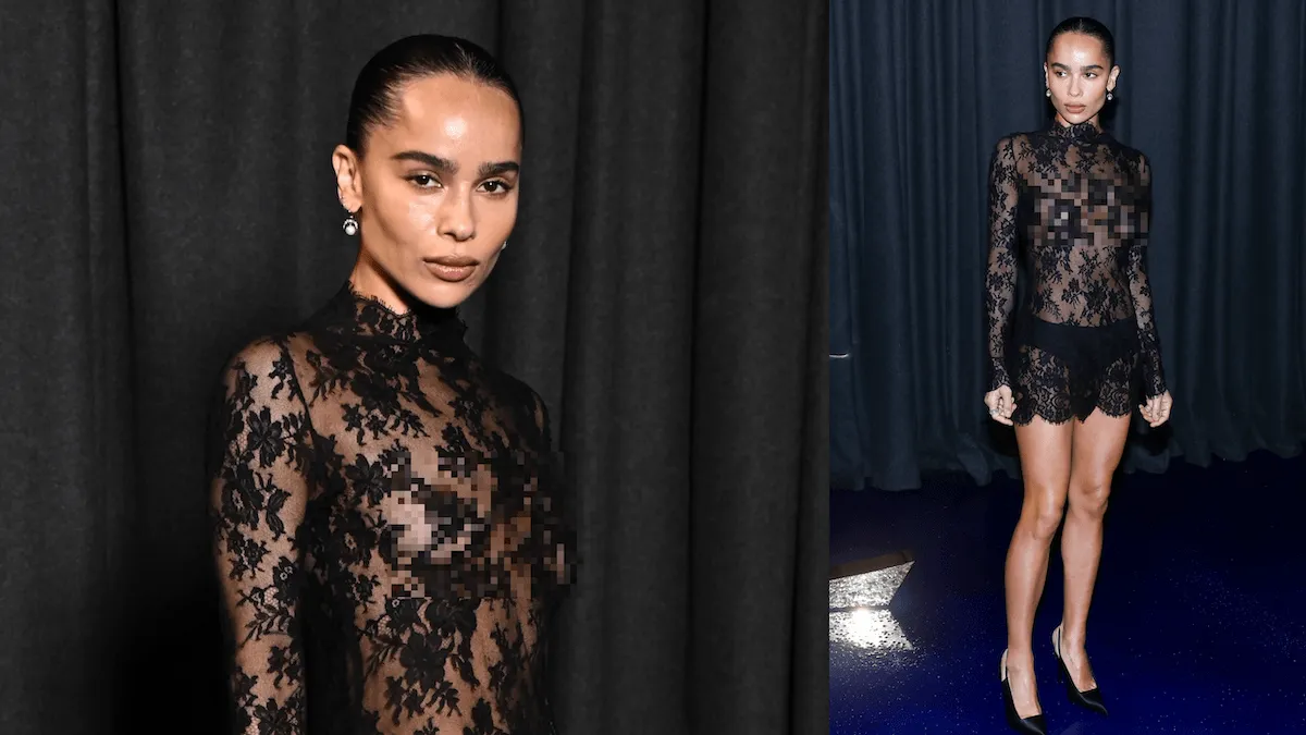 Wearing a sheer black lace mini dress, Zoe Kravitz poses for photos before the Saint Laurent Womenswear Spring-Summer 2025 show