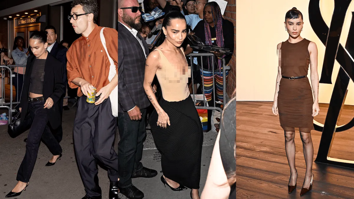 Three photos of Zoe Kravitz not wearing a bra underneath sheer tank tops