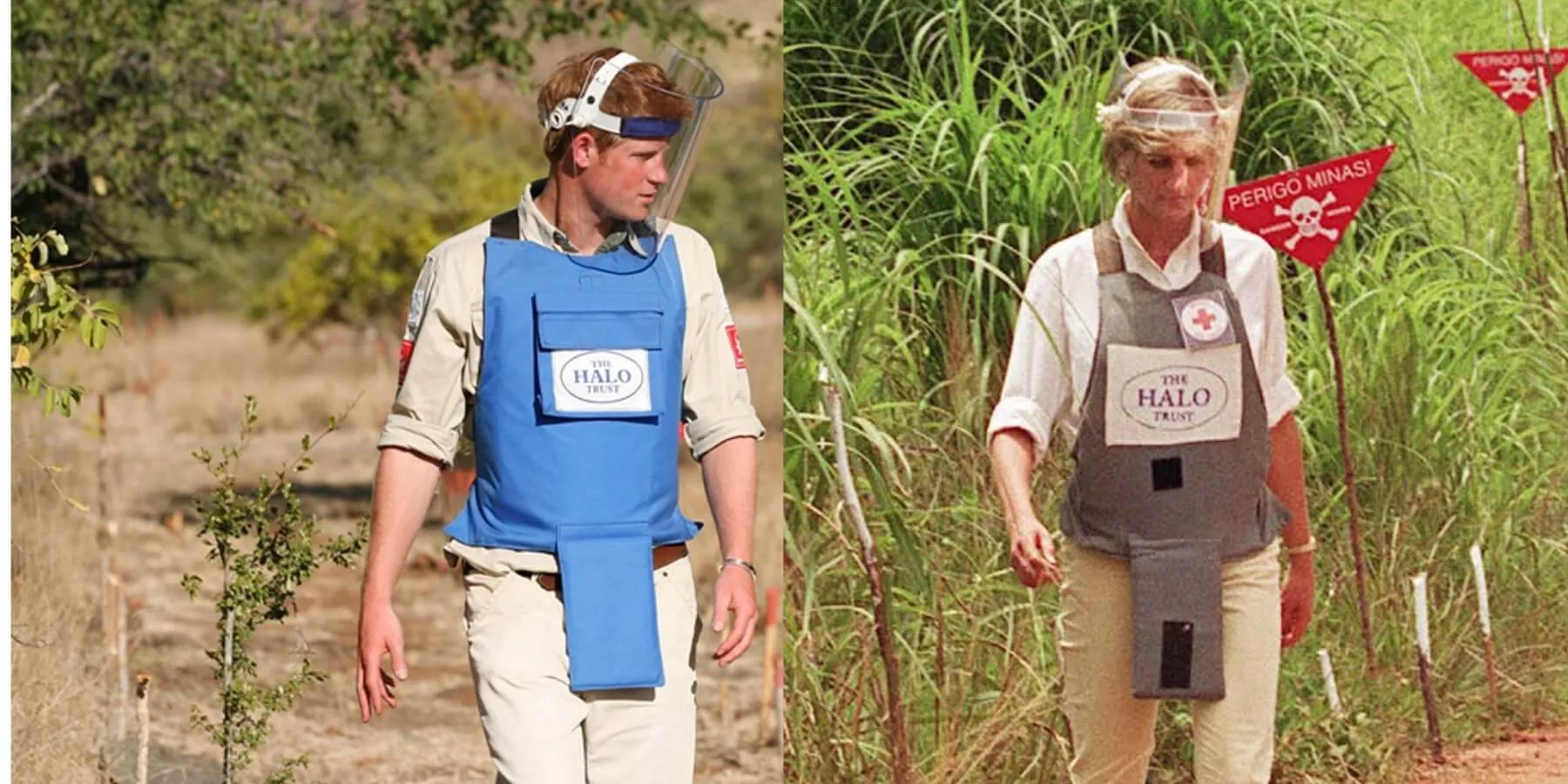 Prince Harry and Princess Diana walk minefields in Angola in side-by-side photographs.