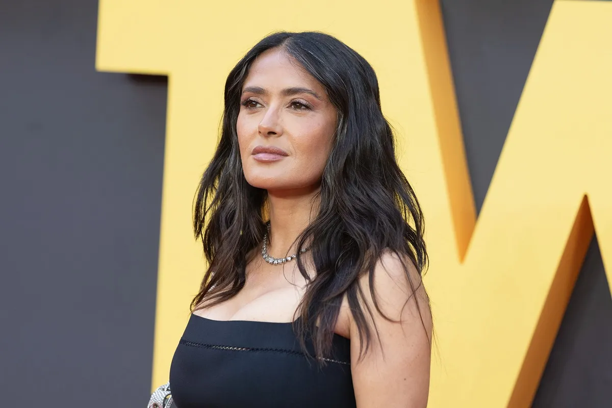 Salma Hayek attends the European premiere of "Blink Twice" at the Odeon Luxe Leicester Square in a black dress.