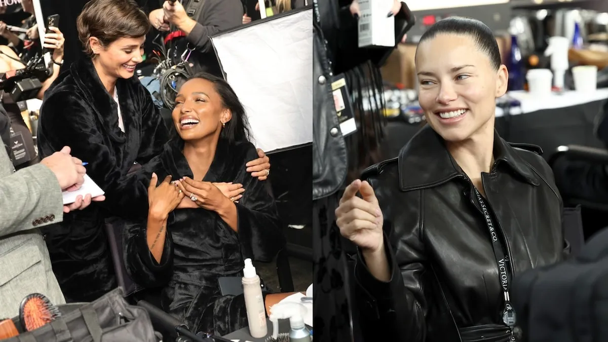 Side by side photos of Taylor Hill, Jasmine Tookes, and Adriana Lima getting their hair and makeup done backstage at the Victoria's Secret Fashion Show 2024