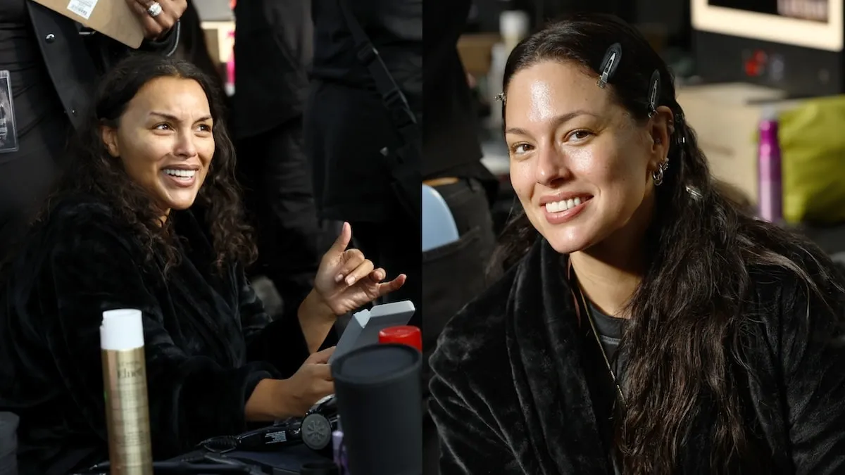 Side by side photos of Paloma Elsesser and Ashley Graham getting their hair and makeup done backstage at the Victoria's Secret Fashion Show 2024